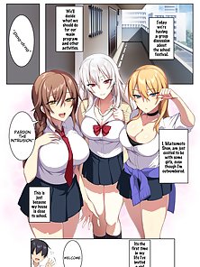 Virgin guy gets reverse gangbanged by three busty hentai schoolgirls