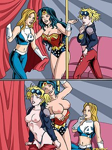 Wonder Woman and Sue Storm fuck another lesbian slut with a strapon