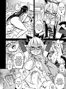 Furry catgirl with glasses masturbates with her tail while schoolgirl watches
