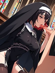 Busty hentai nun gives a throbbing cock a footjob and camel toe pussy fuck