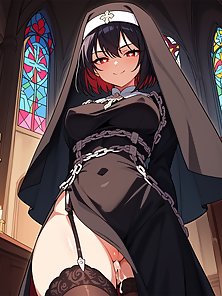 Busty hentai nun gives a throbbing cock a footjob and camel toe pussy fuck