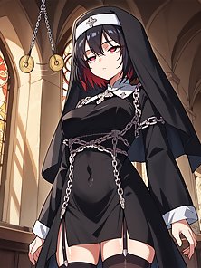 Busty hentai nun gives a throbbing cock a footjob and camel toe pussy fuck