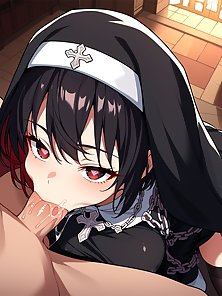 Busty hentai nun gives a throbbing cock a footjob and camel toe pussy fuck