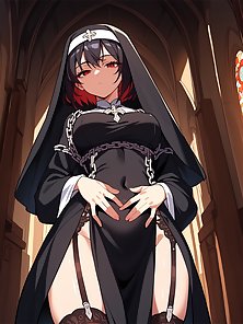 Busty hentai nun gives a throbbing cock a footjob and camel toe pussy fuck