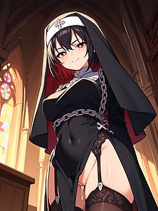 Busty hentai nun gives a throbbing cock a footjob and camel toe pussy fuck