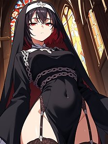 Busty hentai nun gives a throbbing cock a footjob and camel toe pussy fuck