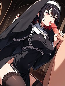 Busty hentai nun gives a throbbing cock a footjob and camel toe pussy fuck