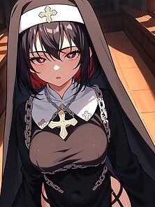Busty hentai nun gives a throbbing cock a footjob and camel toe pussy fuck