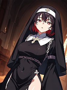 Busty hentai nun gives a throbbing cock a footjob and camel toe pussy fuck