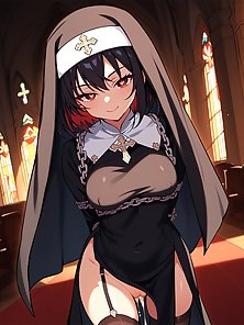 Busty hentai nun gives a throbbing cock a footjob and camel toe pussy fuck