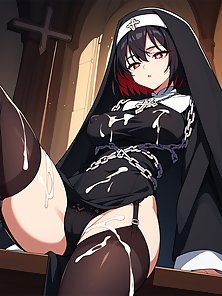 Busty hentai nun gives a throbbing cock a footjob and camel toe pussy fuck