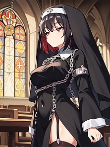 Busty hentai nun gives a throbbing cock a footjob and camel toe pussy fuck