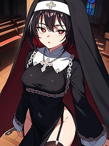 Busty hentai nun gives a throbbing cock a footjob and camel toe pussy fuck