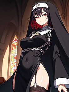 Busty hentai nun gives a throbbing cock a footjob and camel toe pussy fuck