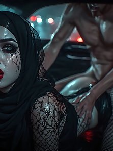 Hijab slut in the backseat at night getting boned by a white cock