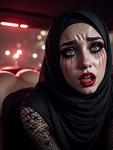 Hijab slut in the backseat at night getting boned by a white cock
