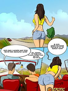 Sexy hitchhiker is picked up and double penetrated by three guys - groupsex comics