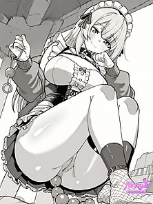 Busty hentai maid with anal beads in her ass gives a footjob