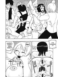 One piece hentai manga Sanji and Usopp fuck Robin and Nami in their pussy and ass