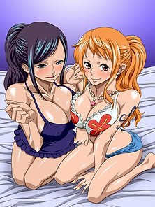 Nami and Robin himehime sandwich - Busty one piece girls have a naughty threesome fuck