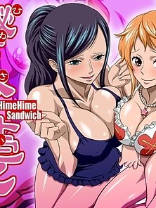 Nami and Robin himehime sandwich - Busty one piece girls have a naughty threesome fuck