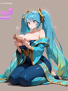 Busty Sona from League of Legends gives a big dick a footjob