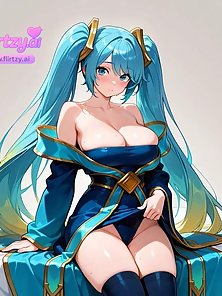 Busty Sona from League of Legends gives a big dick a footjob