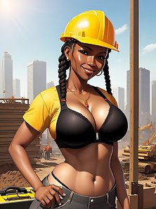 Muscular construction girls with big busty tits and 6 pack abs