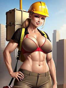 Muscular construction girls with big busty tits and 6 pack abs