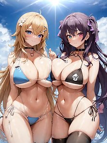 Busty anime babes with mega huge tits and round asses