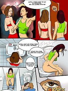 Lesbians fuck in the bathroom while spying on another couple fucking