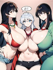 Busty anime girls show off their massive huge tits