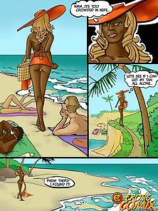 Ebony girl masturbates and then has a threesome on the beach