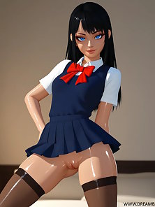 Petite teen in academy uniform bends over and shows her shaved pussy