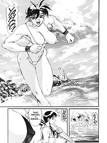 Muscular bikini babes have threesome on the beach with skinny dork - hentai comics