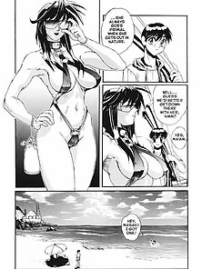 Muscular bikini babes have threesome on the beach with skinny dork - hentai comics