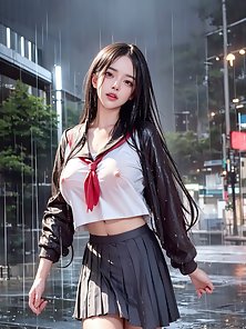 (softcore) Sexy japanese schoolgirl in uniform with wet t-shirt