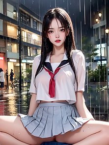 (softcore) Sexy japanese schoolgirl in uniform with wet t-shirt