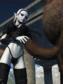 Sexy fit elf gets on her knees to suck the cock of a big dick ogre