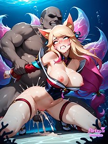 Ahri and Syndra give footjobs and get pussy filling creampies