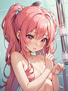 Cute anime teen masturbates bald pussy in the morning before her shower