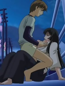 Busty hentai milf gives a young guy a boobjob and a hot outdoor fuck
