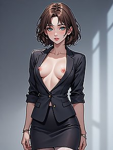 Thin woman in business suit gets gangbanged by her coworkers
