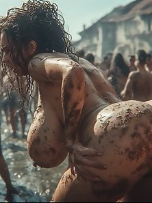 Dirty curvy mommy covered in mud, bent over and anally fucked hard in crowded public square