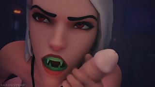 Mercy gets her futa cock sucked by Ashe while tied up