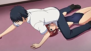 Cute anime teen in swimsuit gets her face fucked in the locker room