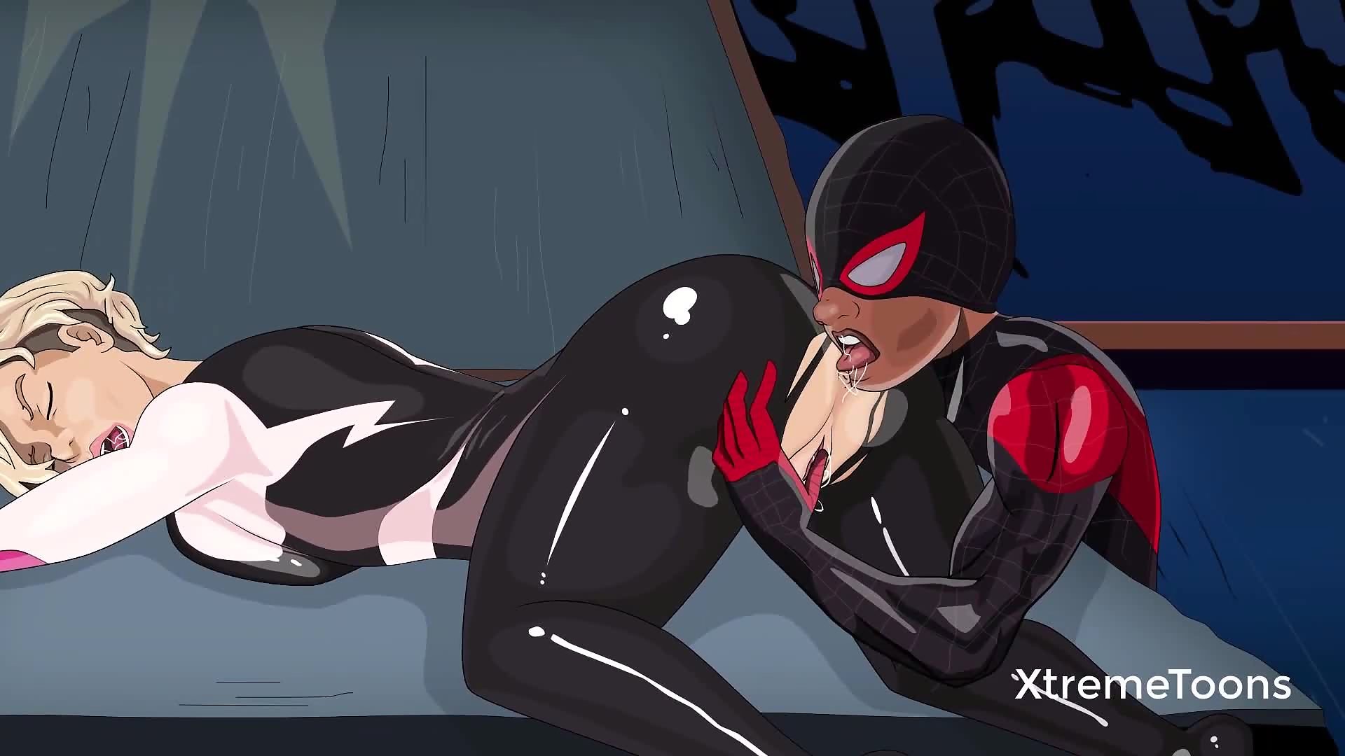 Miles Morales and Gwen Stacy having sex on a car outside hentai comic