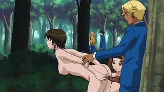 School stud takes two horny anime schoolgirls to the woods and fucks them both