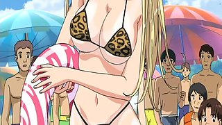 Slutty blonde anime girl with busty tits has a dirty fuck on public beach