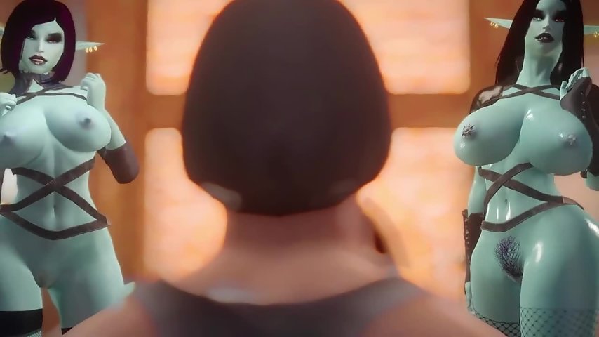 Sexy elf with huge tits gives a blowjob then shares in a 3some with her friend thumbnail